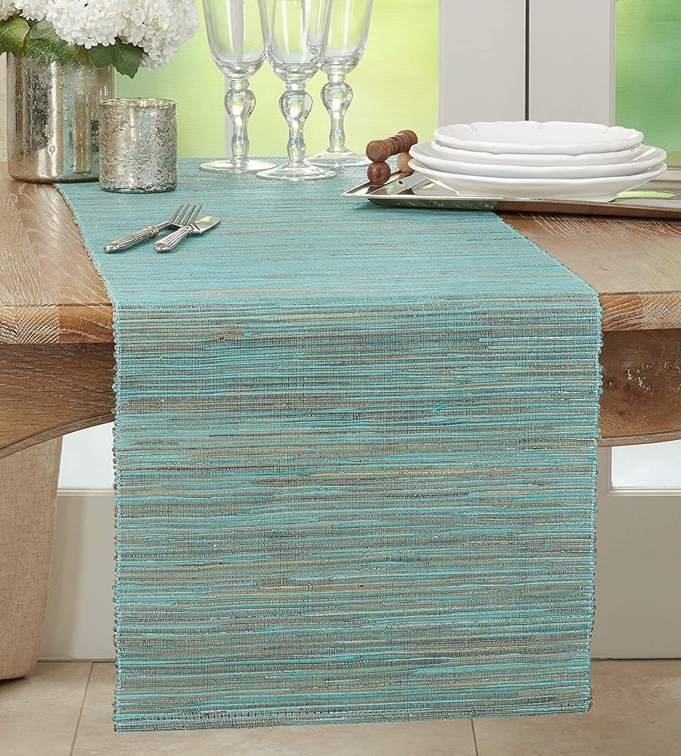 Fennco Styles Shimmering Woven Nubby Texture Water Hyacinth 16 x 72 Inch Table Runner - Turquoise Table Cover for Home Decor, Dining Table, Holidays and Special Events
