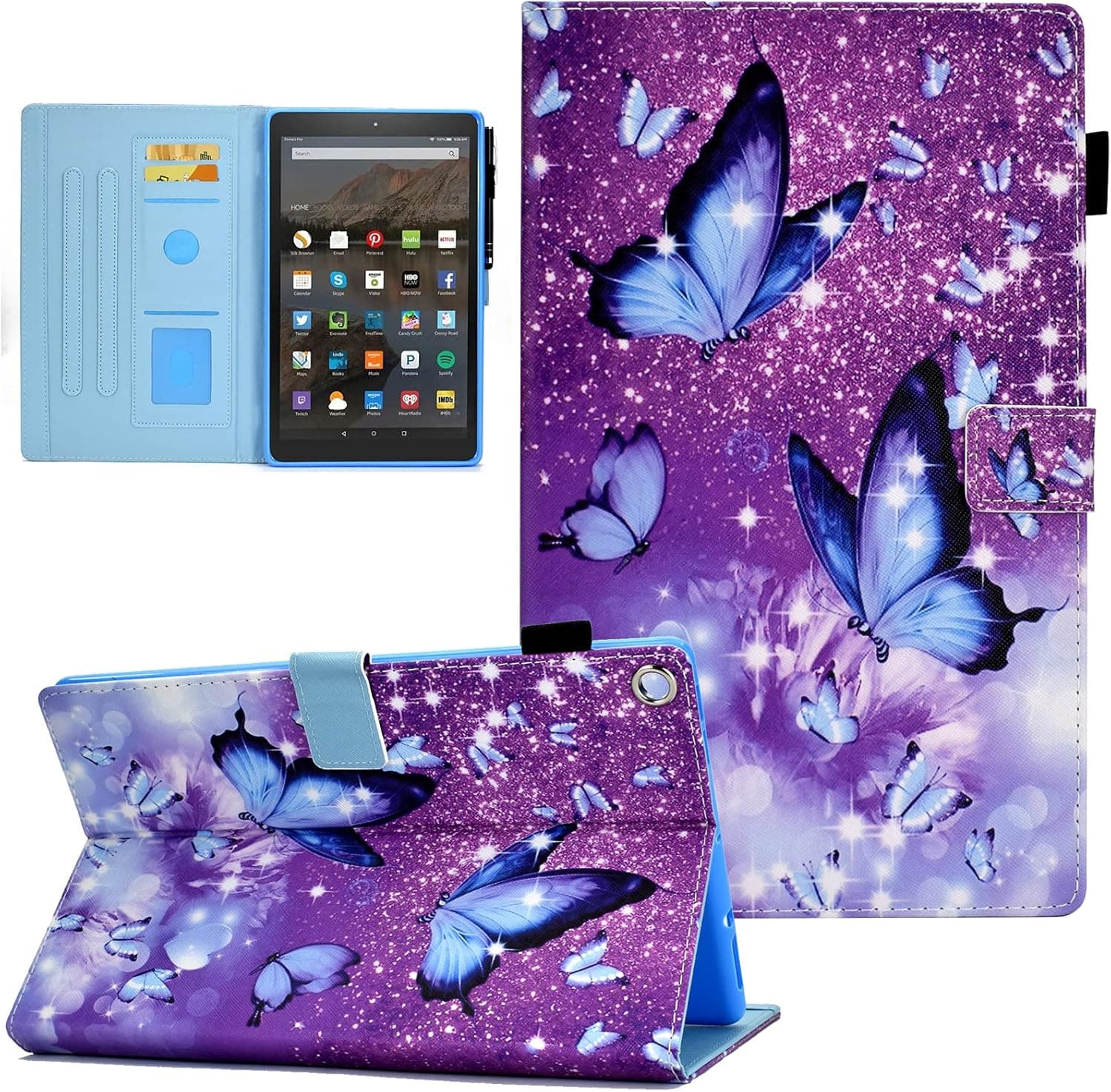 Funut Kindle Fire HD 10 Case (9th Generation 2019, 7th Gen 2017), Premium PU Leather Folio Stand Cover Case with Smart Auto Wake/Sleep for Fire HD 10.1 inch Tablet Case,Purple Butterfly