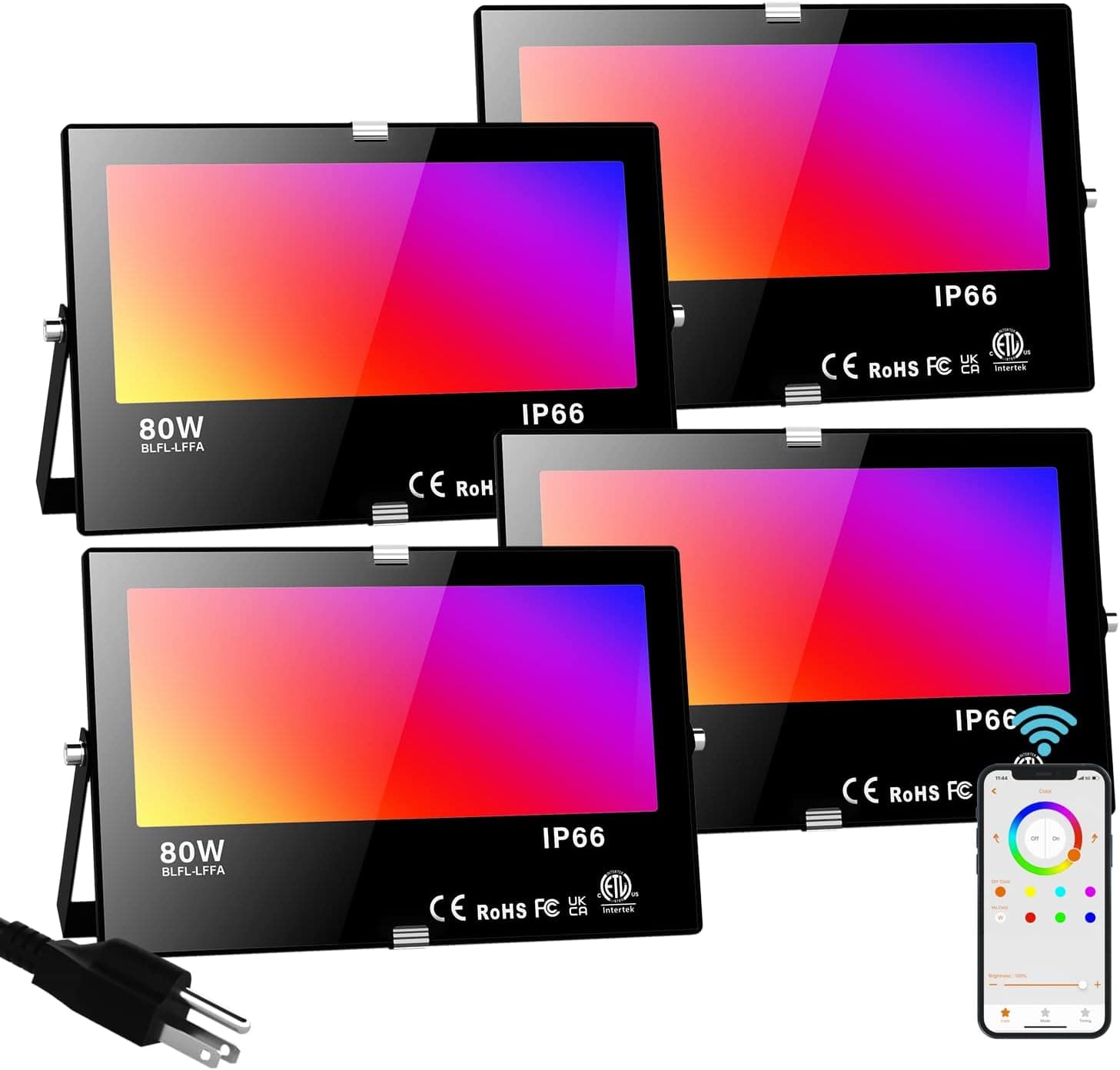 LED Flood Light Outdoor 800W Equivalent, Bluetooth Smart Color Change Landscape Lighting, DIY-Scene+RGB Colors+Warm White 2700K - APP & Group Control & Timing, IP66 Waterproof US 3-Plug Up Light 4Pack