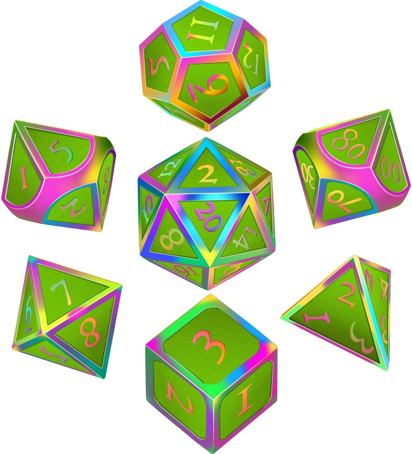 HESTYA 7 Pieces Metal Dices Set DND Game Polyhedral Solid Metal D&D Dice Set with Storage Bag and Zinc Alloy with Enamel for Role Playing Game Dungeons and Dragons, Math Teaching (Colorful Green)