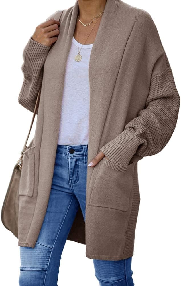 Modershe Womens Oversized Batwing Long Sleeve Boyfriend Cardigan Open Front Sweater Patchwork Knit Coat with Pockets
