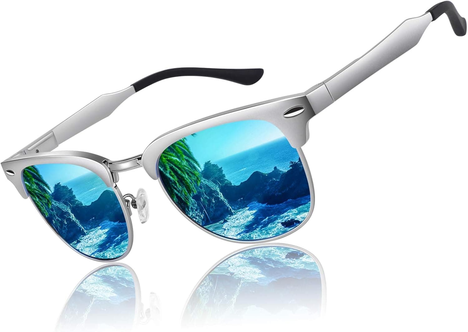 LINVO Classic Polarized Semi Rimless Al-Mg Metal Alloy Sunglasses for Men Women