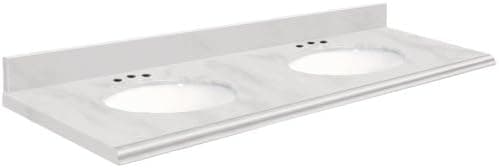 Samson G61222-M1-U-W-8C Granite Vanity Top 61x22 with Double Undermount White Bowls 8-Inch Offset Butterfly Edge White Marble