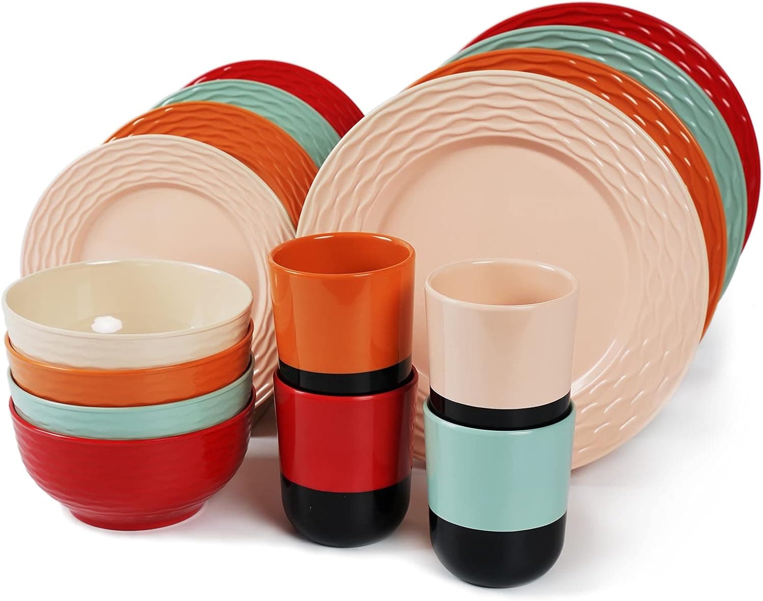 Melamine Dinnerware Set for 4-16 Pcs:Camping Dishes Set with Dinner Plates,Salad Plates,Cups and Bowls.Lightweight and Unbreakable.Indoor and Outdoor Use.