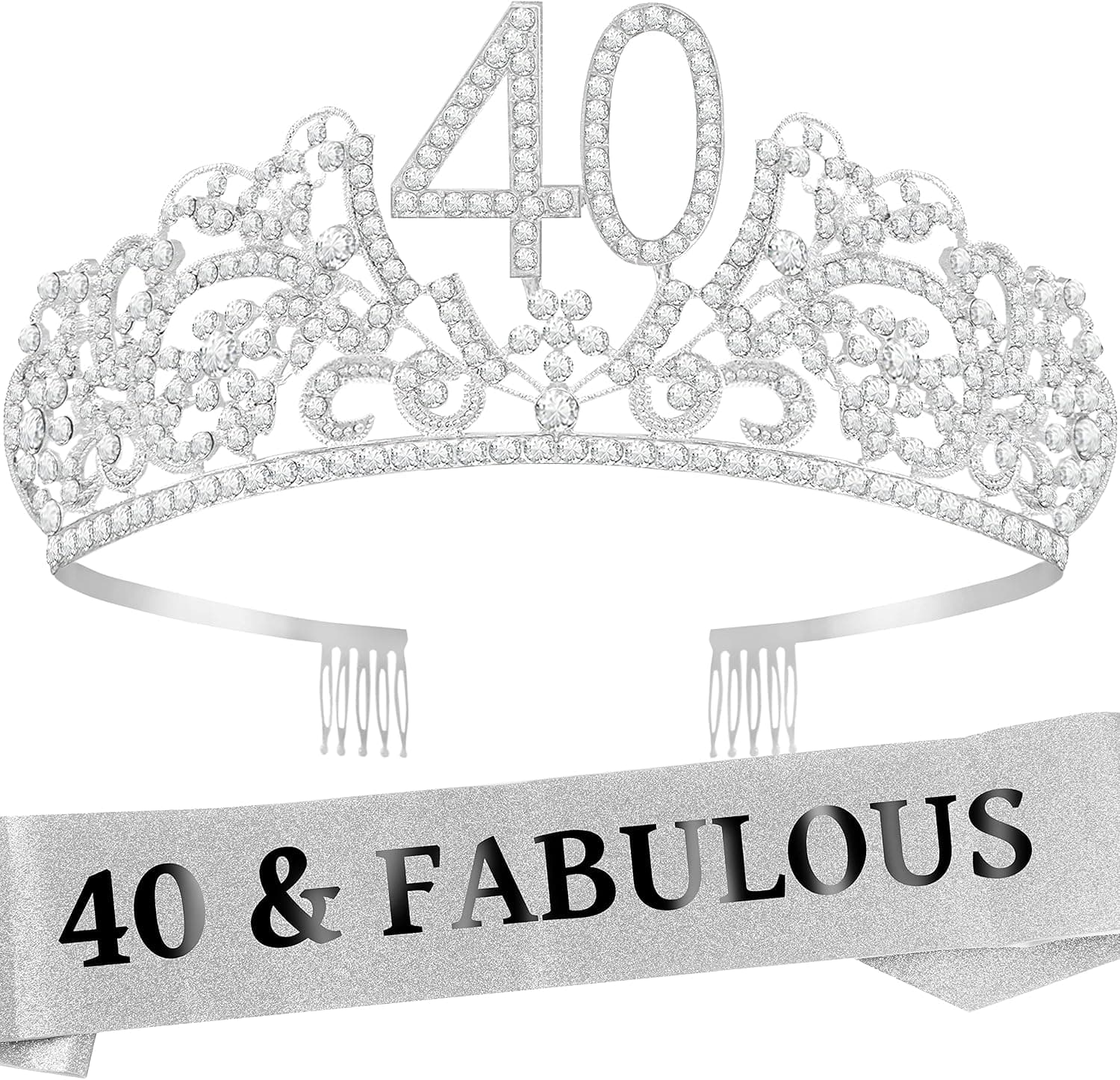 40th Birthday Sash and Tiara for Women - Fabulous Glitter Sash + Flowers Rhinestone Silver Premium Metal Tiara for Her, 40th Birthday Gifts for 40 Party