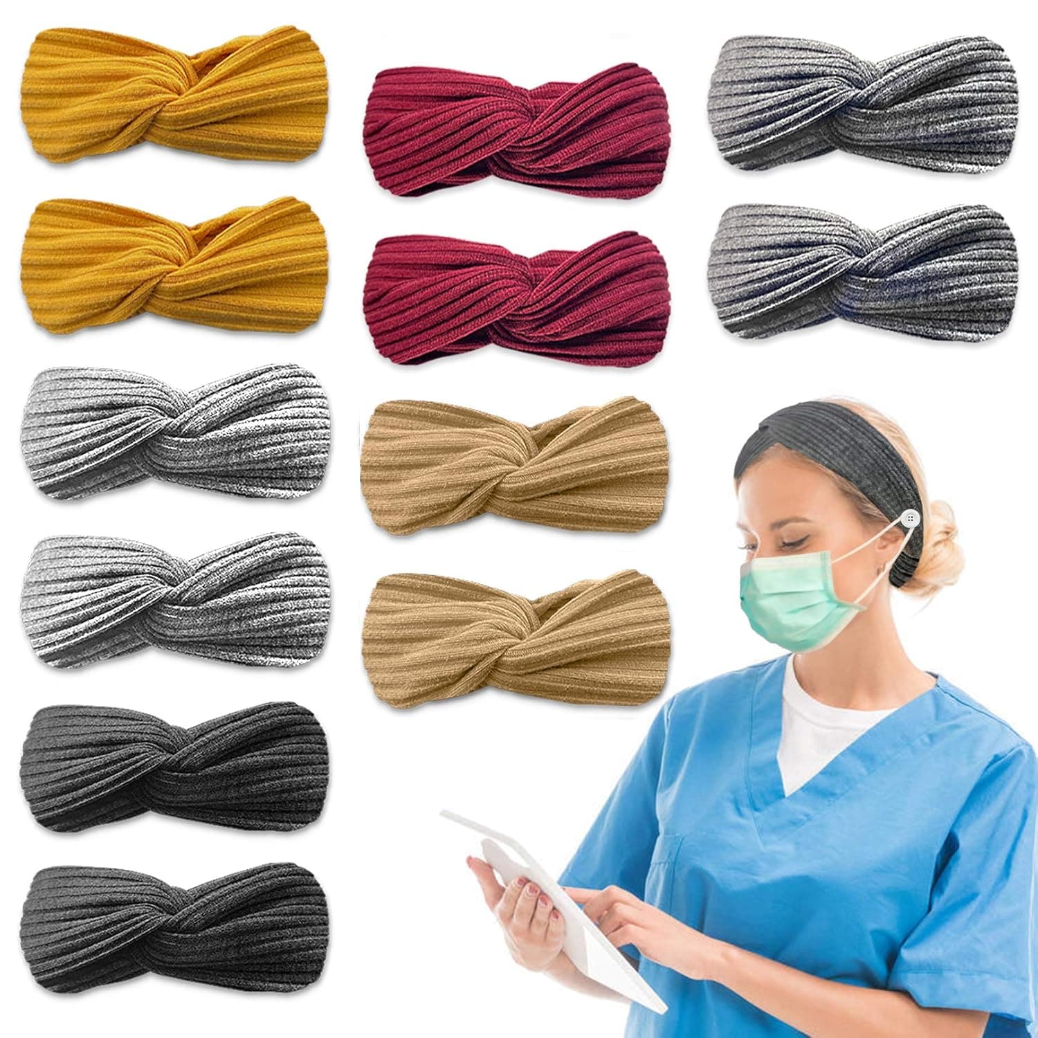 12 Pack Nurses Doctors Headband with Button Headbands for Women Criss Cross Head Wrap Elastic Hair Band