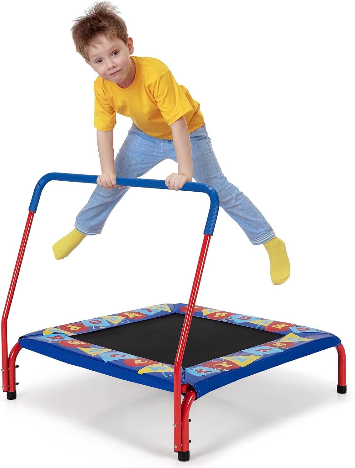 HONEY JOY 36” Kids Trampoline with Handle, Toddler Mini Square Rebounder w/Colorful 26 Alphabet Cover, Indoor Outdoor Small Bounce Trampoline for Toddlers Play/Exercise/Jump, Max Load 330 Lbs