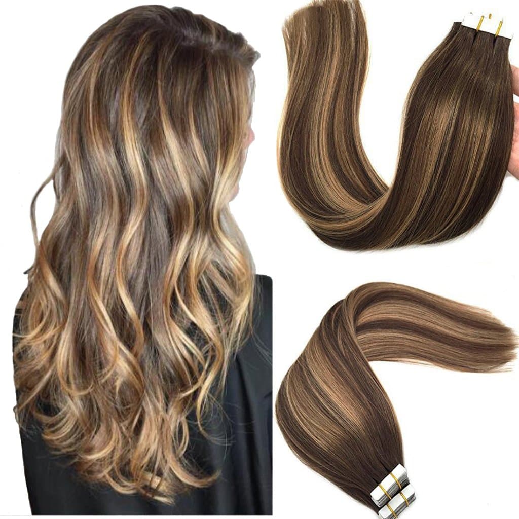 Googoo Tape in Hair Extensions Ombre Chocolate Brown to Caramel Blonde Remy Tape in Human Hair Extensions Natural Hair Extensions 50g 20pcs 14inch