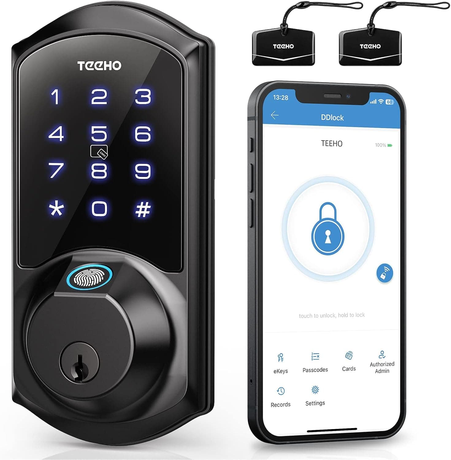 TEEHO TE007 Smart Lock - Fingerprint Deadbolt - 6-in-1 Keyless Entry Door Locks with Keypads - Bluetooth App Remote Control - Easy Installation - IP54 Waterproof - Auto Lock - Matte Black
