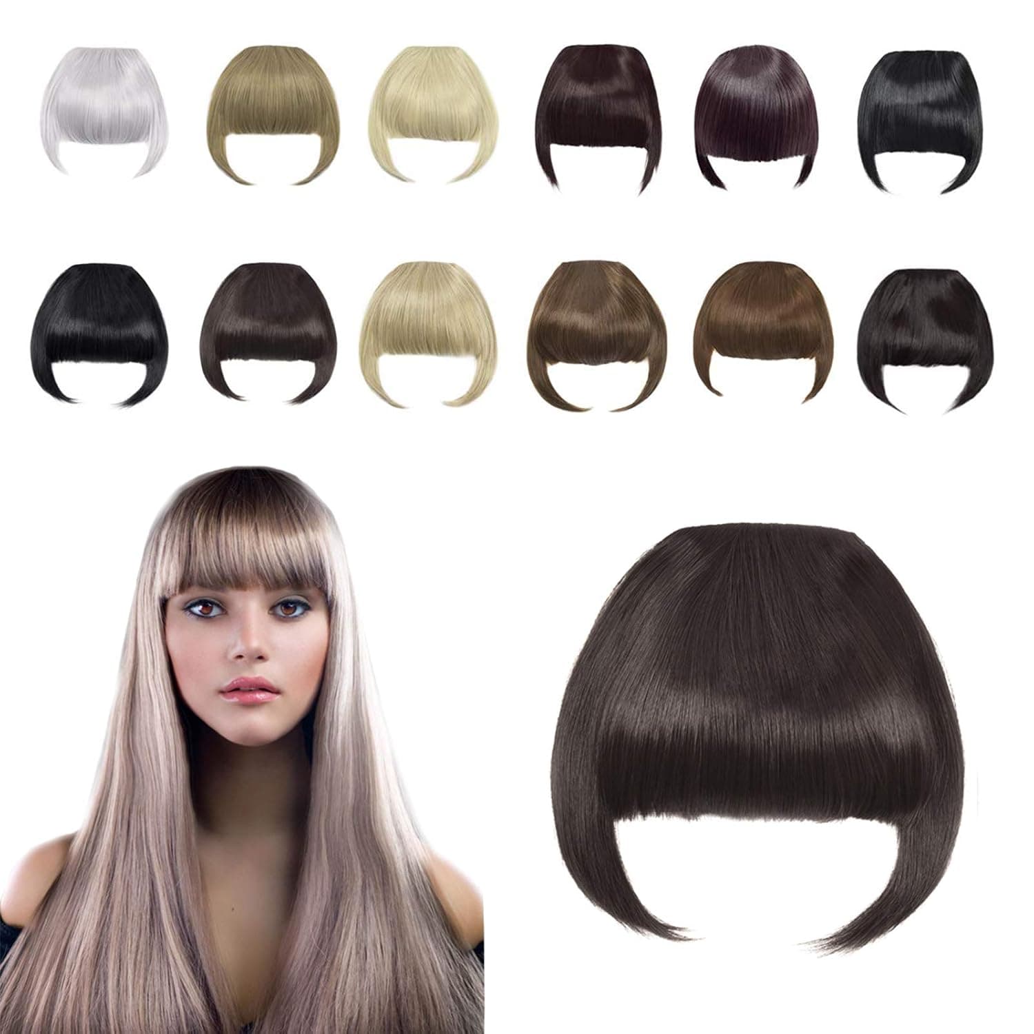 Clip in Bangs Fringe Hair Extensions with Temples Synthetic Fashion Hair-pieces Meidum Brown