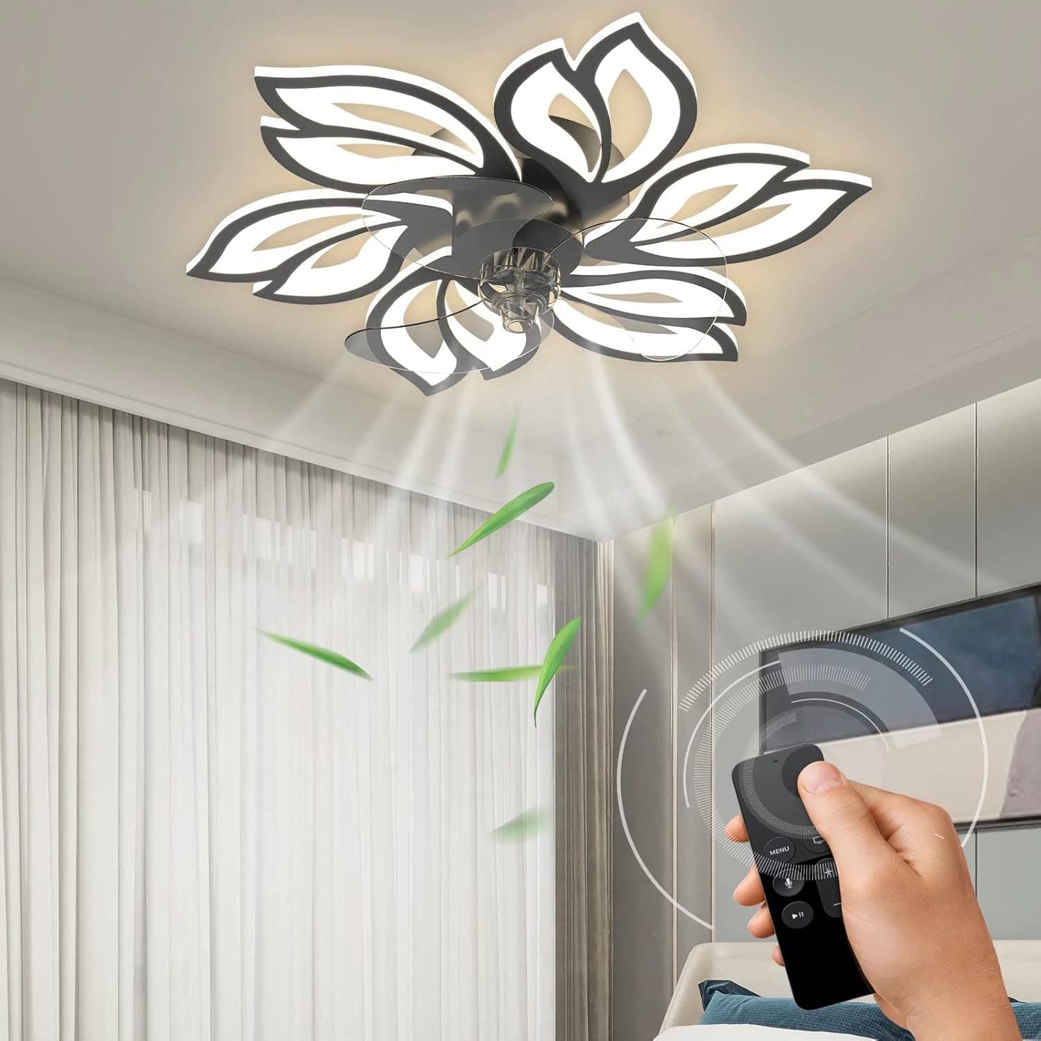 CATFUN Low Profile 3 Switchable LED Light and Ultra Quiet 6 Gear Wind Speed, Ceiling Fan with Smart Timer for Bedroom (25.6 inch Ceiling Fan with Light-Black)