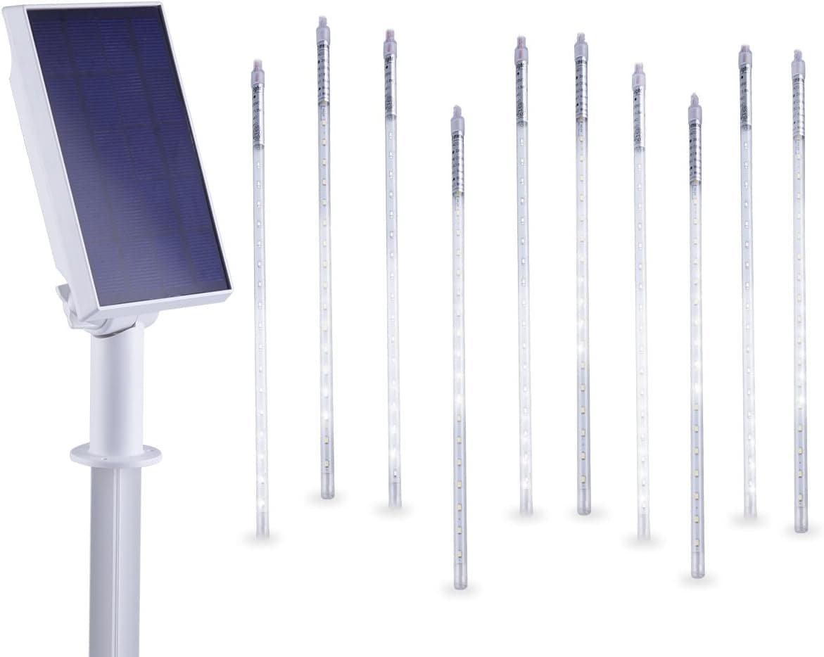 POOCCI Outdoor Solar String Lights,LED Solar Meteor Shower Rain Lights, 35CM 10Tubes Drop/Icicle Snow Falling Raindrop Waterproof Cascading Lights for Deck Garden Patio Xmas New Year Tree Decoration
