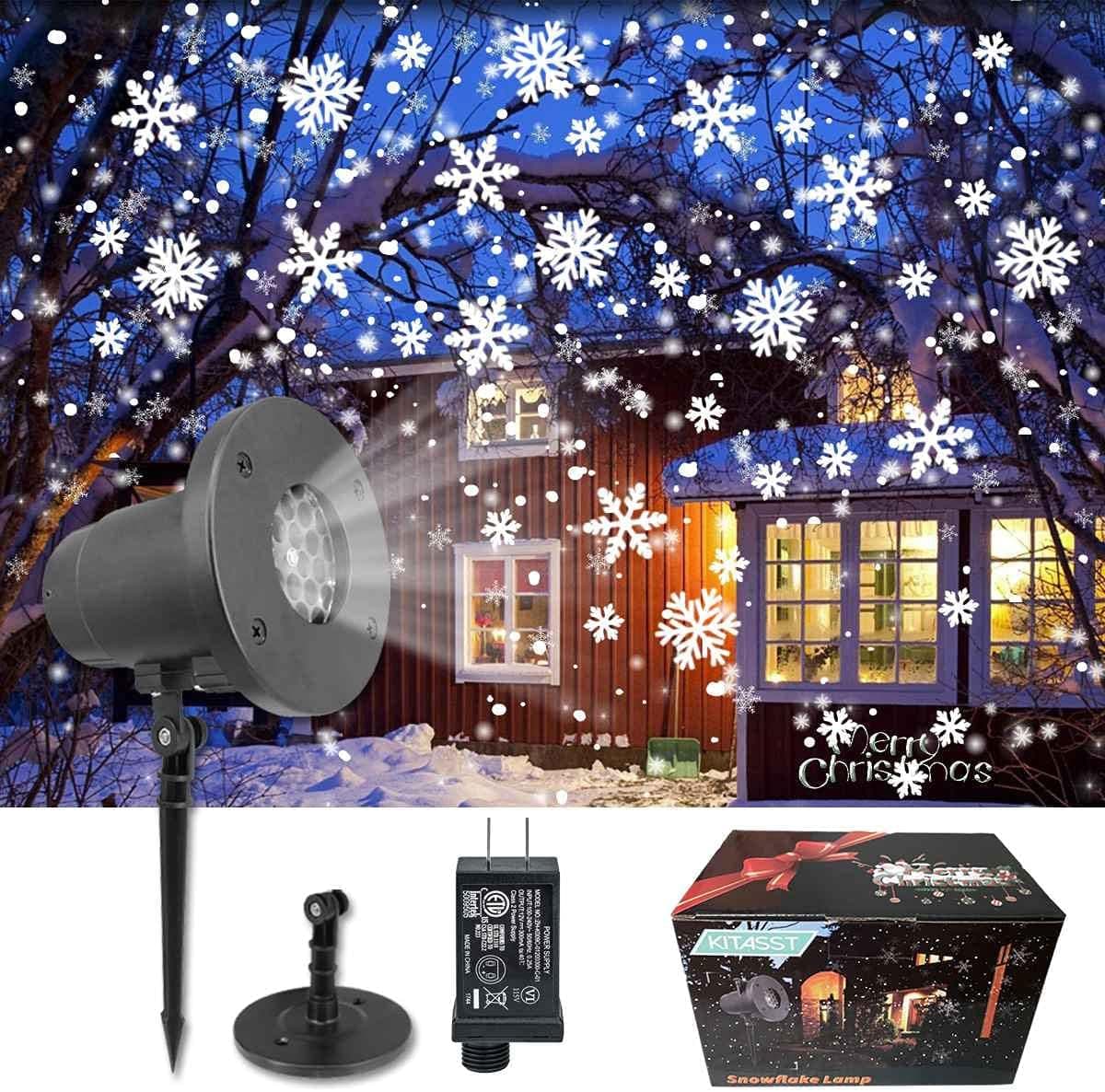 Christmas Projector Lights Outdoor Decorations, KITASST Upgrade Led Xmas Halloween Snowfall Santa Projection Lamp, Waterproof Landscape Lighting for Party Garden Holidays House Indoor Outside(Black)