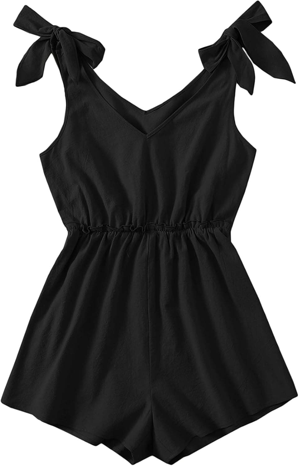 SweatyRocks Women's Self Tie Shoulder Romper Elastic Waist Solid Shorts Jumpsuit