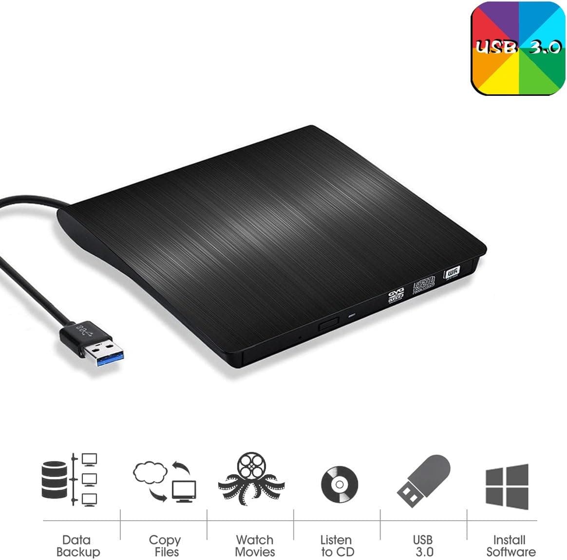 External CD Drive,USB 3.0 Ultra Slim Portable DVD ROM +/-RW Drive Player for Laptop Notebook PC Desktop Computer