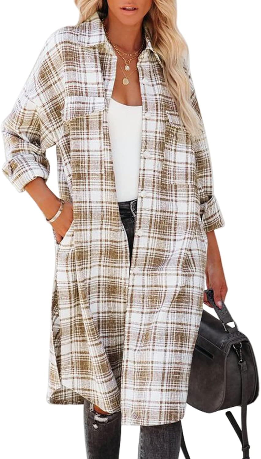 Dokotoo Womens 2023 Fall Clothes Button Down Plaid Long Cardigans Shacket Jacket Long Sleeve Shirts Coats with Pockets
