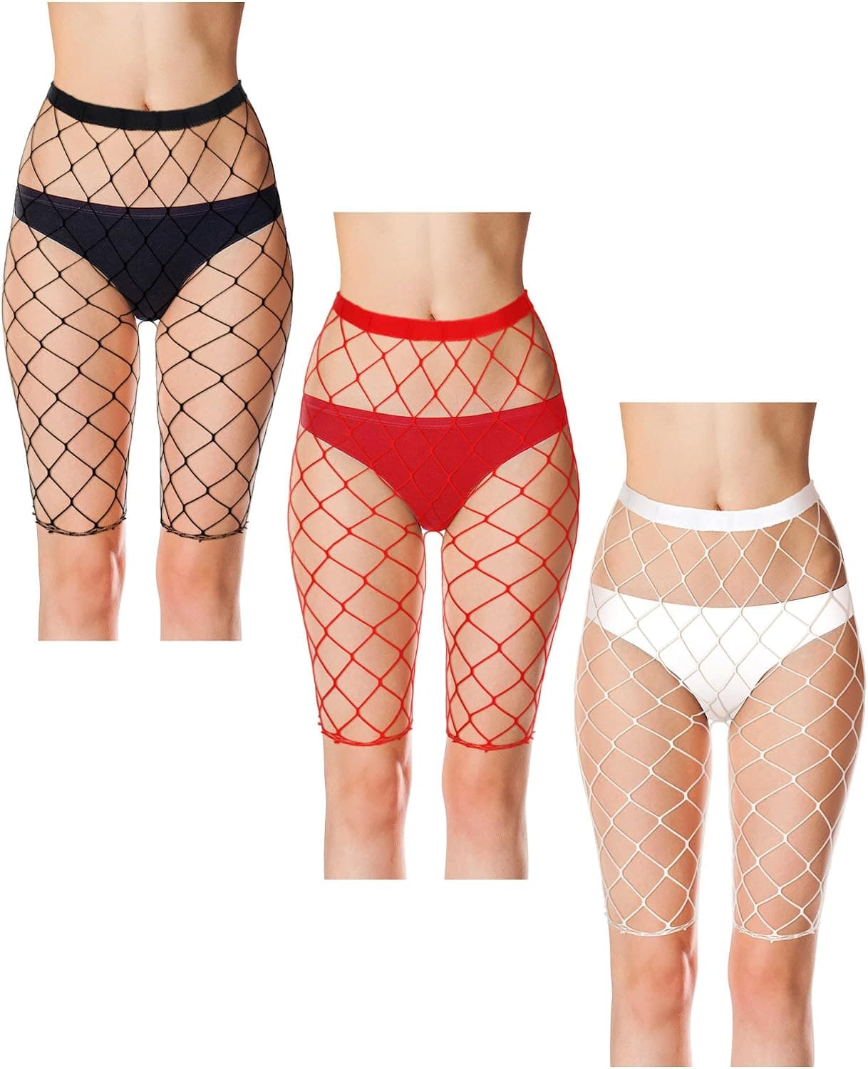 3 Pcs Fishnet Shorts Black Fishnet Biker Shorts for Women Elastic High Waisted Red See Through Shorts White Net Tights Shorts (Big Net Style, Medium)