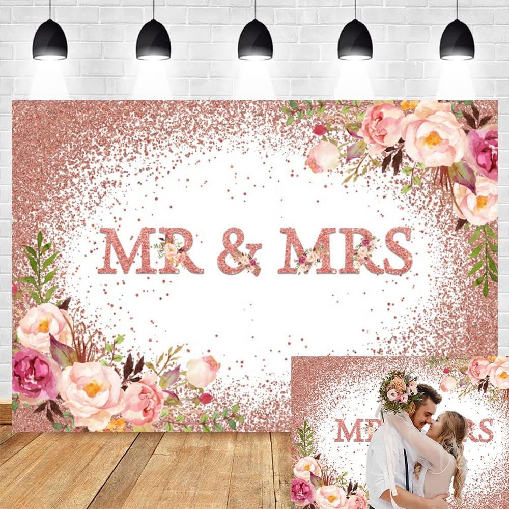 Mr & Mrs Engagement Backdrop Bridal Shower Engaged Ceremony Wedding Party Bride to Be Photo Background Pink Rose Gold Flower Bride and Groom Miss to Mrs Banner for Couples Photo Booth