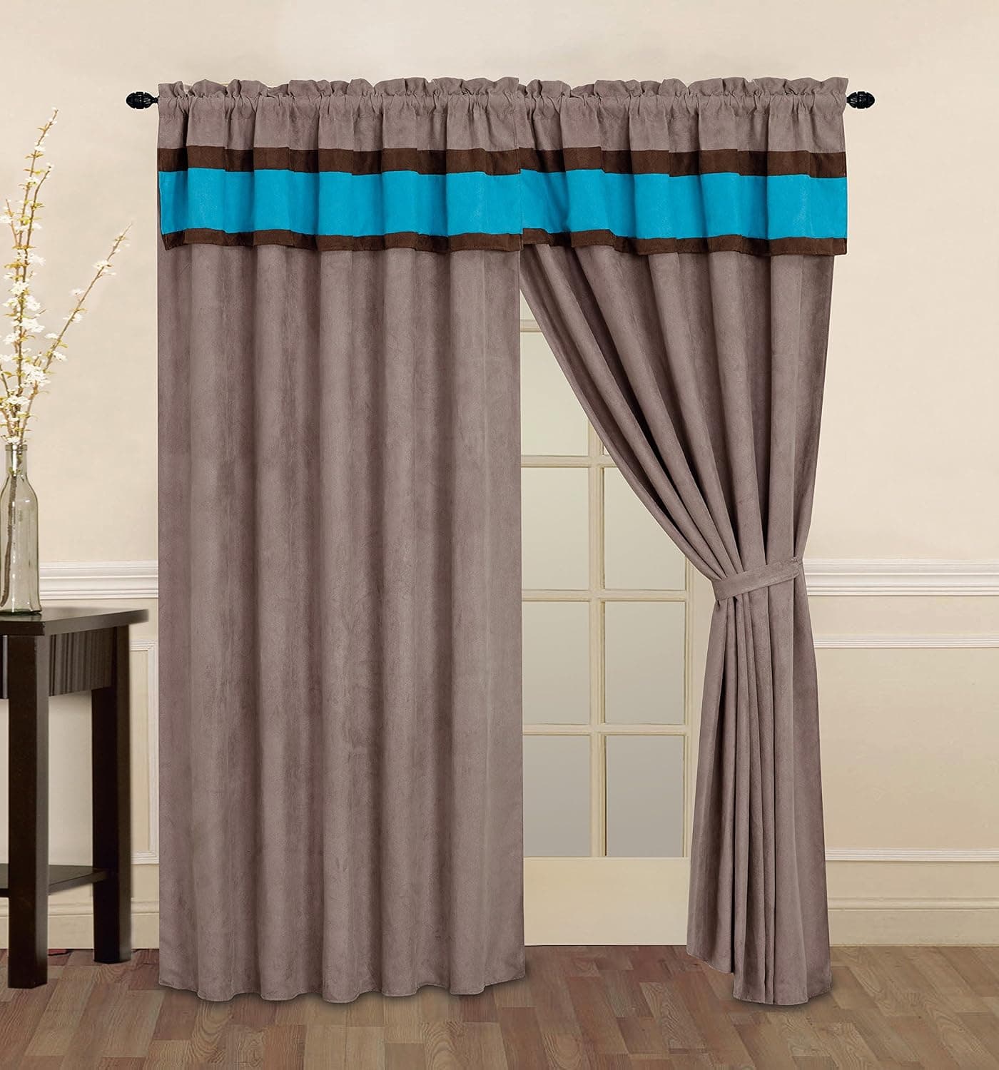 7 Pieces Luxury Micro Suede Turquoise Blue, Grey and Brown Comforter Set/Bed-in-a-Bag Queen Size Bedding