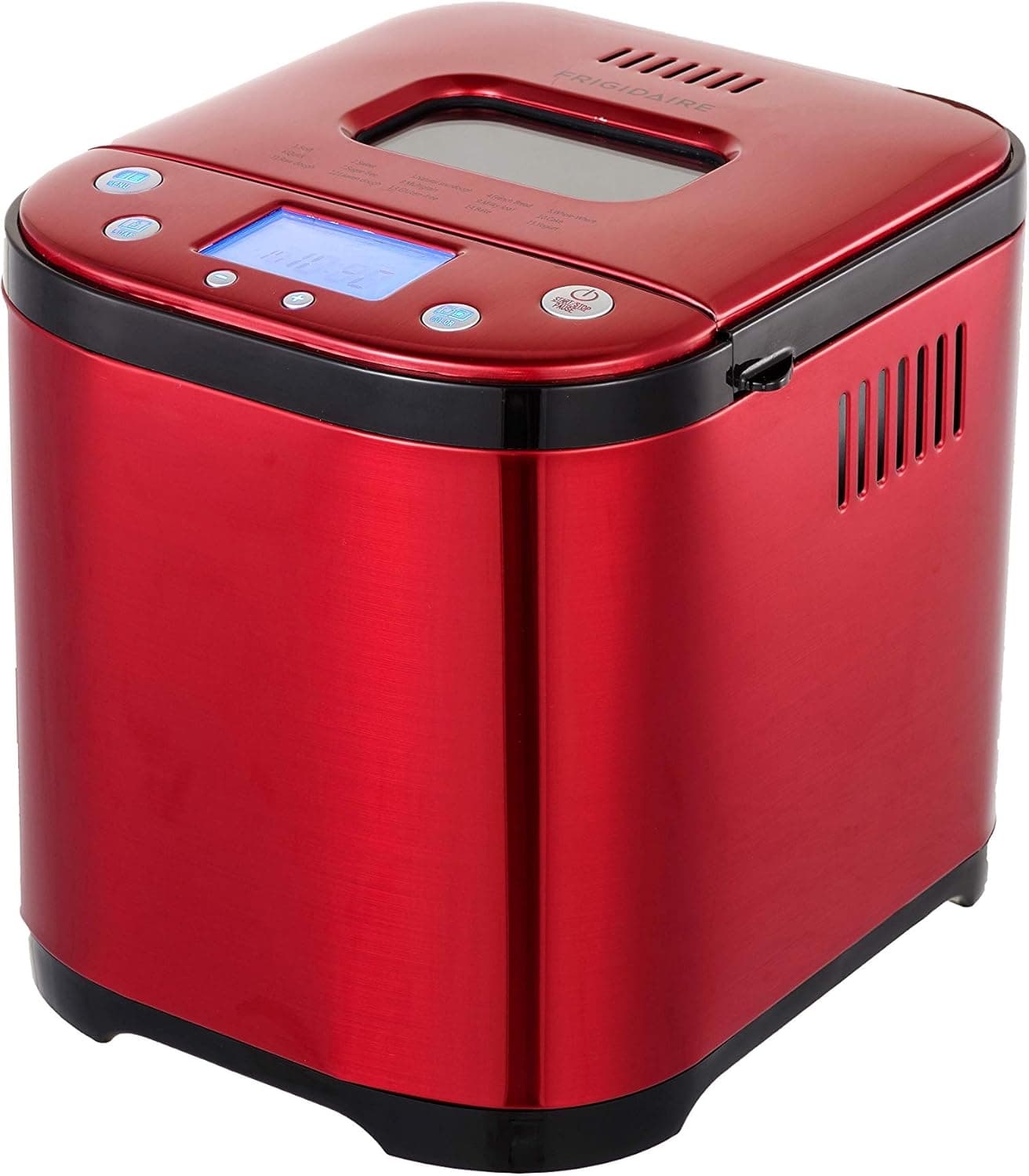 FRIGIDAIRE Bread Maker Machine with Nonstick Bowl, Bread Hook, Measuring Cup & Spoon. 15-in-1, Gluten-Free Bread, Cake& Yogurt, 3 Crust Colour options and more. 3 Loaf Sizes. 2LB XL-RED