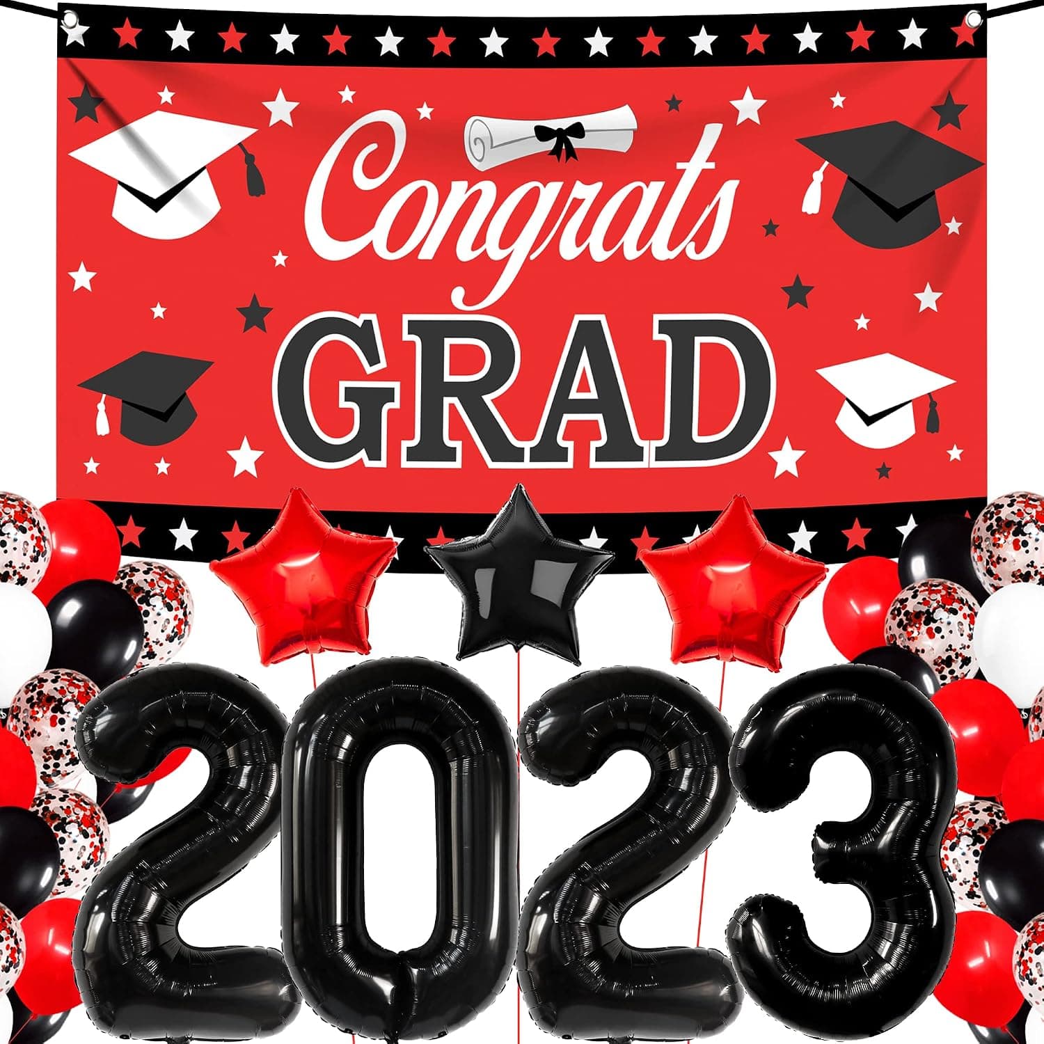 KatchOn, Red and Black Graduation Decorations 2023 Set - Pack Of 42 | 2023 Balloons for Graduation Party Decorations 2023 Red and Black | Congrats Grad Banner for Graduation Decorations Red and Black