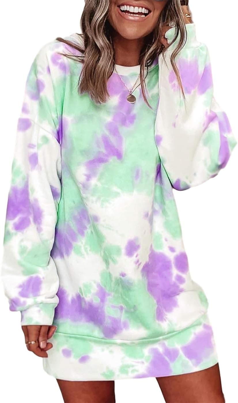 Byvheh Tie Dye Long Sleeve O-Neck Mini Dress Women's Long Sleeve T Shirt Dress Tie-dye Tank Mini Dress