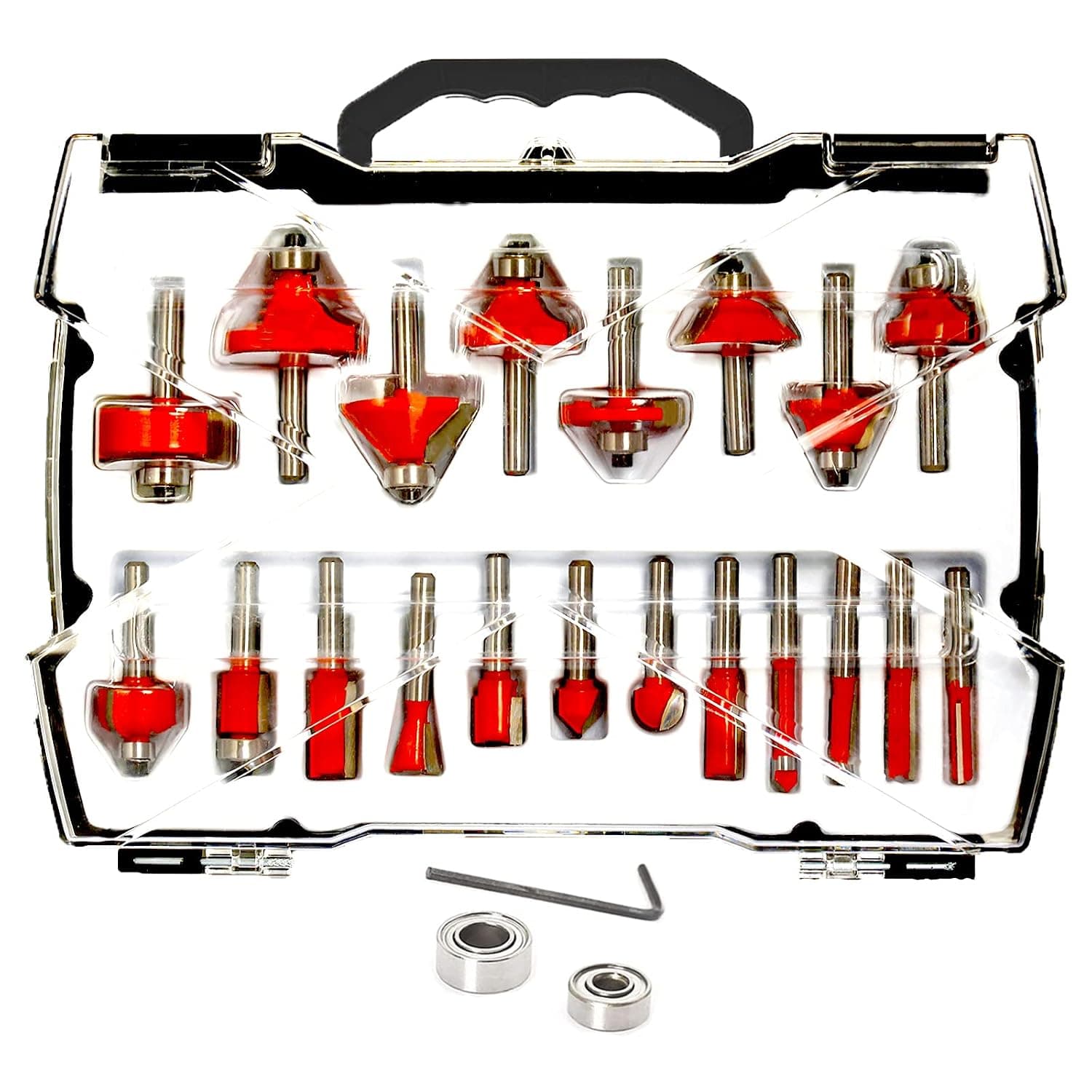 20pcs Router Bit Set 1/4 inch Shank for Woodworking, K10 Tungsten Carbide Tipped Router Bits/Router Cutters with Carry Plastic Case + 2pcs Extra Spare Bearings
