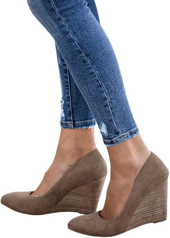 LAICIGO Women’s Wedge Pumps Pointed Toe Slip-On Chunky Heeled Faux Suede Wedding Party Dress Shoes