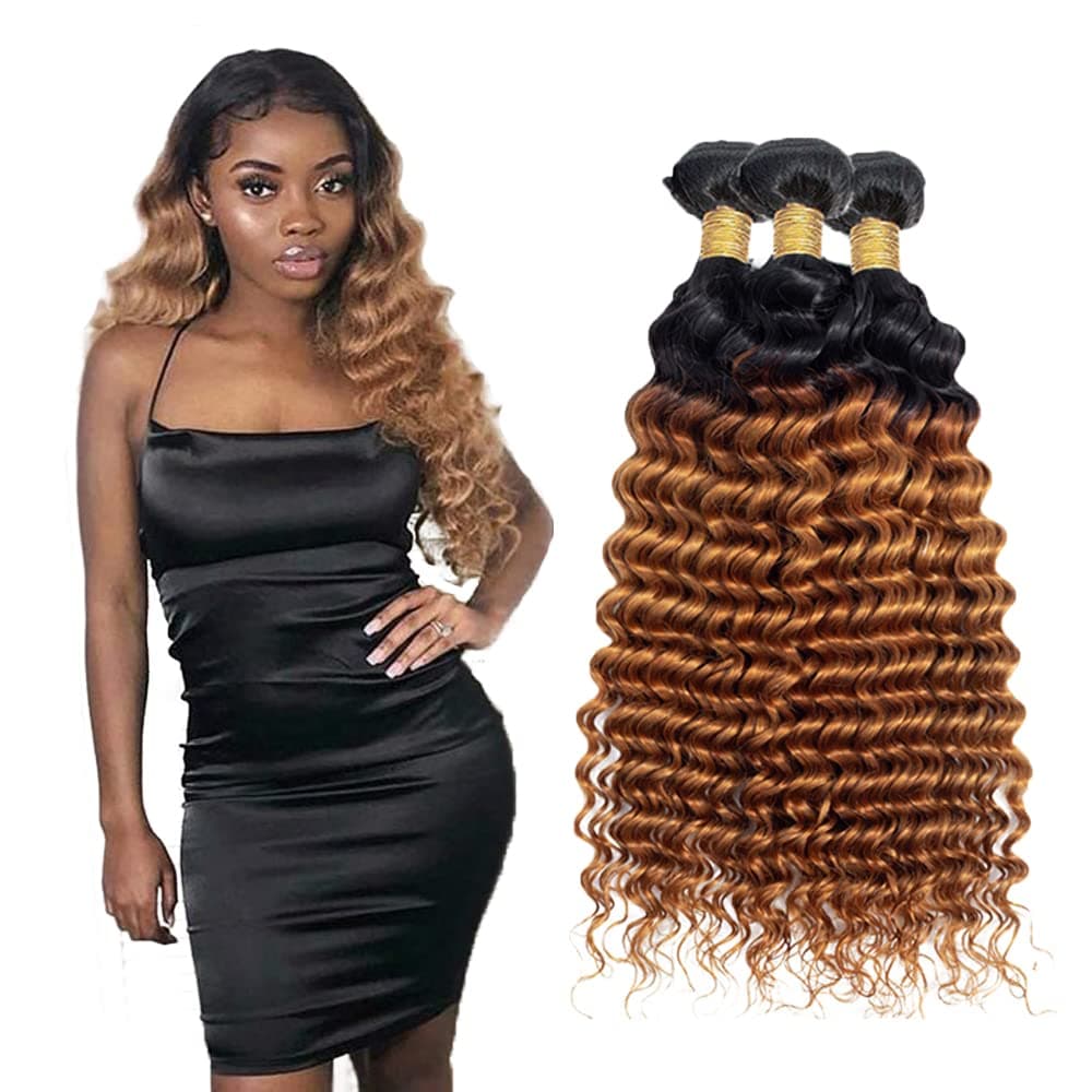 WunnSvm 12 14 16 Inch 1b/30 Deep Wave Bundles Human Hair Ombre Brown Color Curly Remy Wet and Wavy Brazilian Extension for Black Women