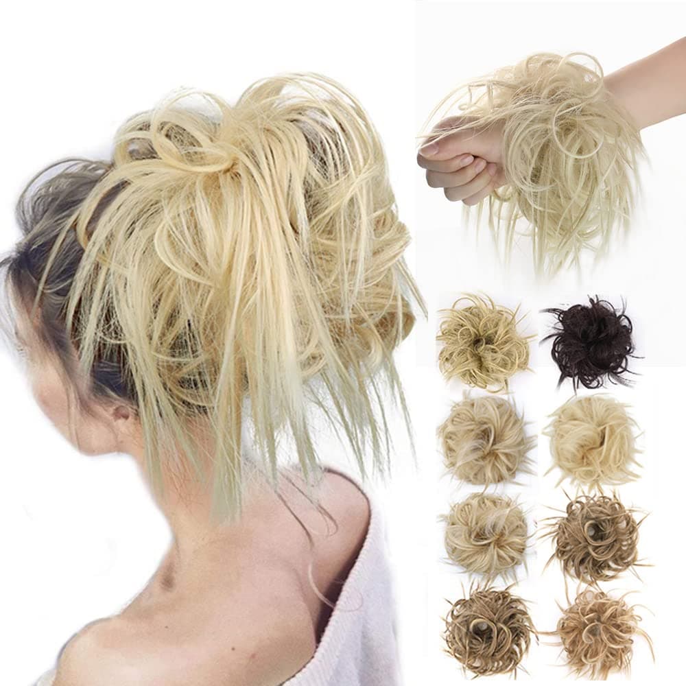 MSCHARM Tousled Updo Messy Bun Hair Piece Hair bun Extensions With Elastic Rubber Band Ponytail Hairpiece Scrunchies for Women (Golden Blonde Mix Bleach Blonde)