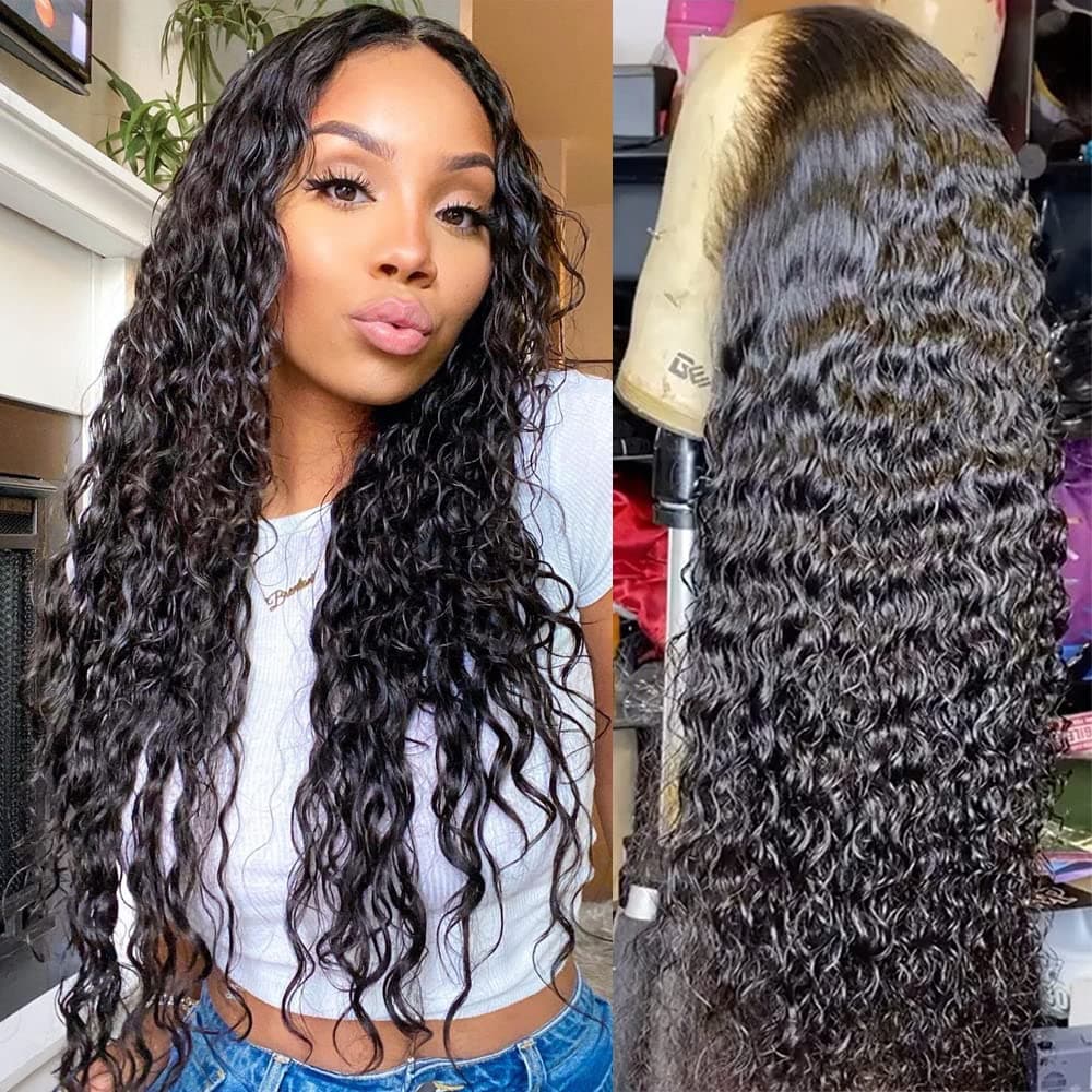 HELLO SAY WIG Wet and Wavy Wigs Human Hair 13X4 Water Wave Lace Front Wigs for Black Women with Baby Hair 150% Density human hair wigs Pre Plucked Natural Hairline Natural Black Color (24 Inch)