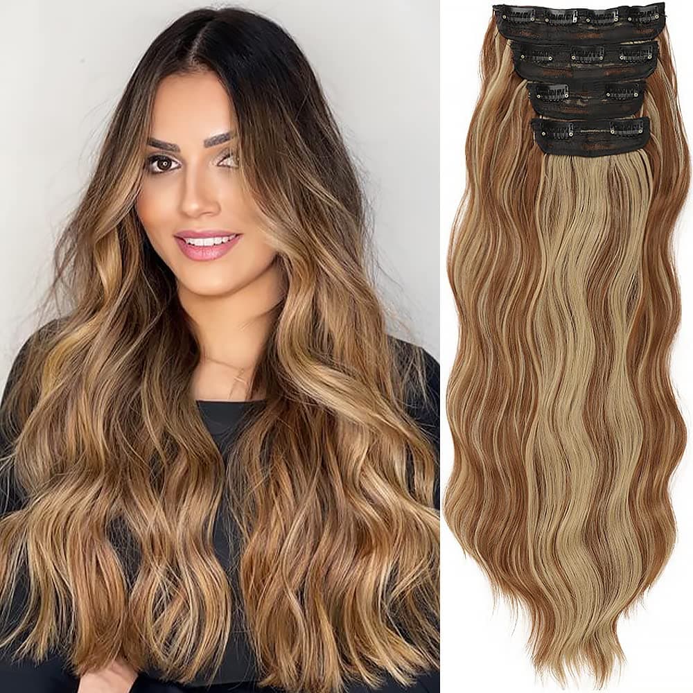 Doremi 4PCS Wavy Clip in Hair Extensions for Women 20 inches Brown Mixed Ash Blonde Curly Synthetic Thick Hairpieces Natural Hair Extensions for Women(12H24)