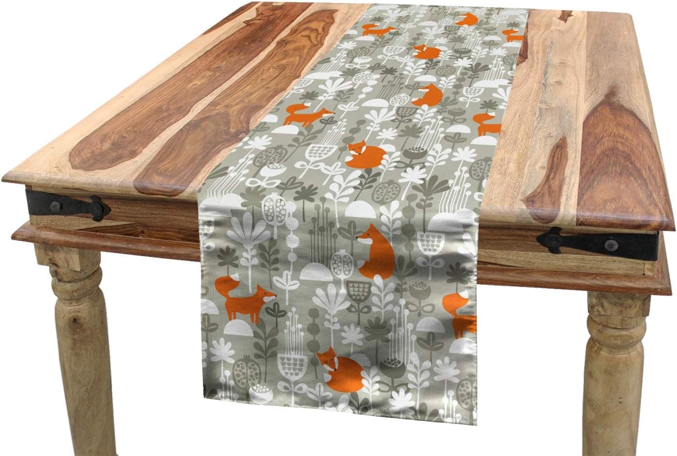 Lunarable Autumn Fall Table Runner, Fox Animal Sleeping in The Forest Plants Woodland Wildlife Theme, Dining Room Kitchen Rectangular Runner, 16" X 72", Orange White
