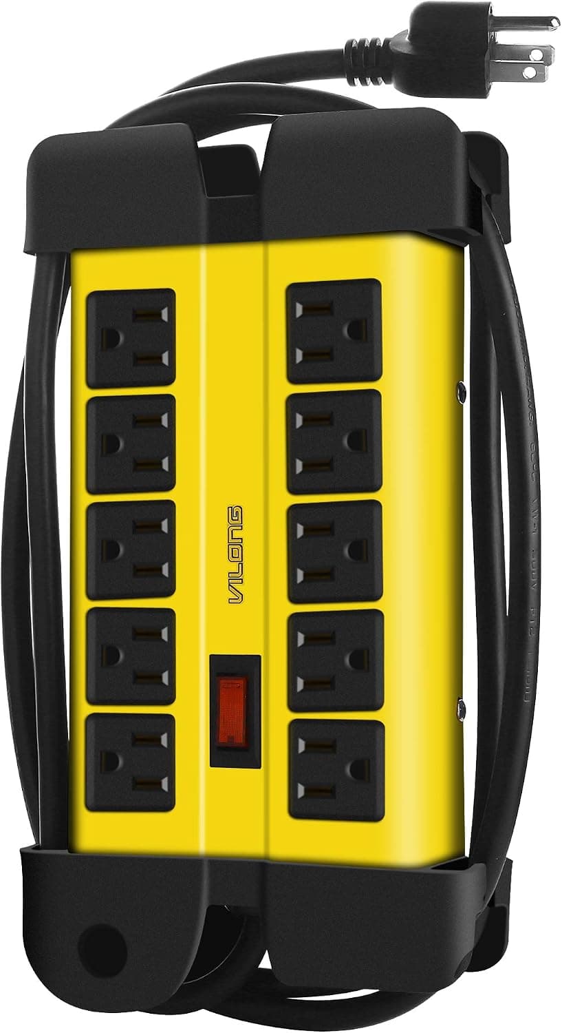 10 Outlet Heavy Duty Metal Power Strips with Cord Management, 5.4-FT Cord, ETL Certified, Yellow