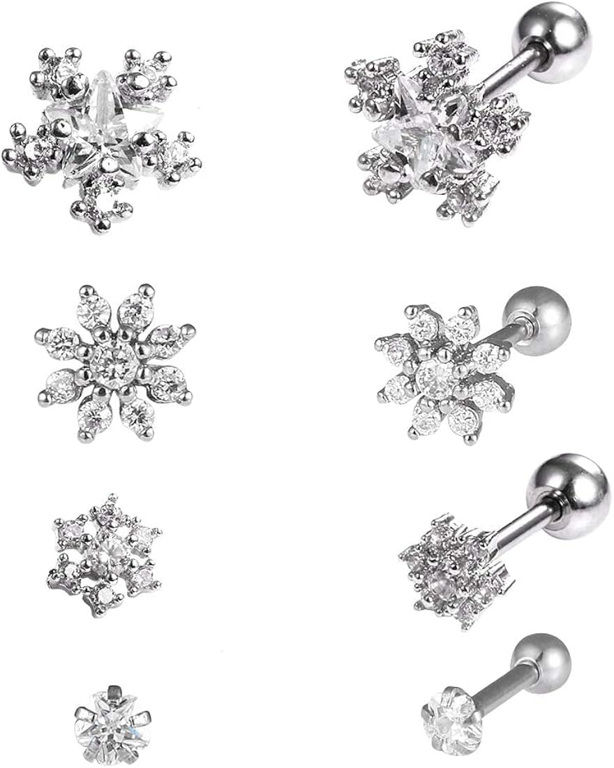 CZ Flower Cartilage Earrings 4 Sets(8PCS) Gift for Sister,16G/20G Surgical Steel Piercing Jewelry with Screw Back Design,Silver