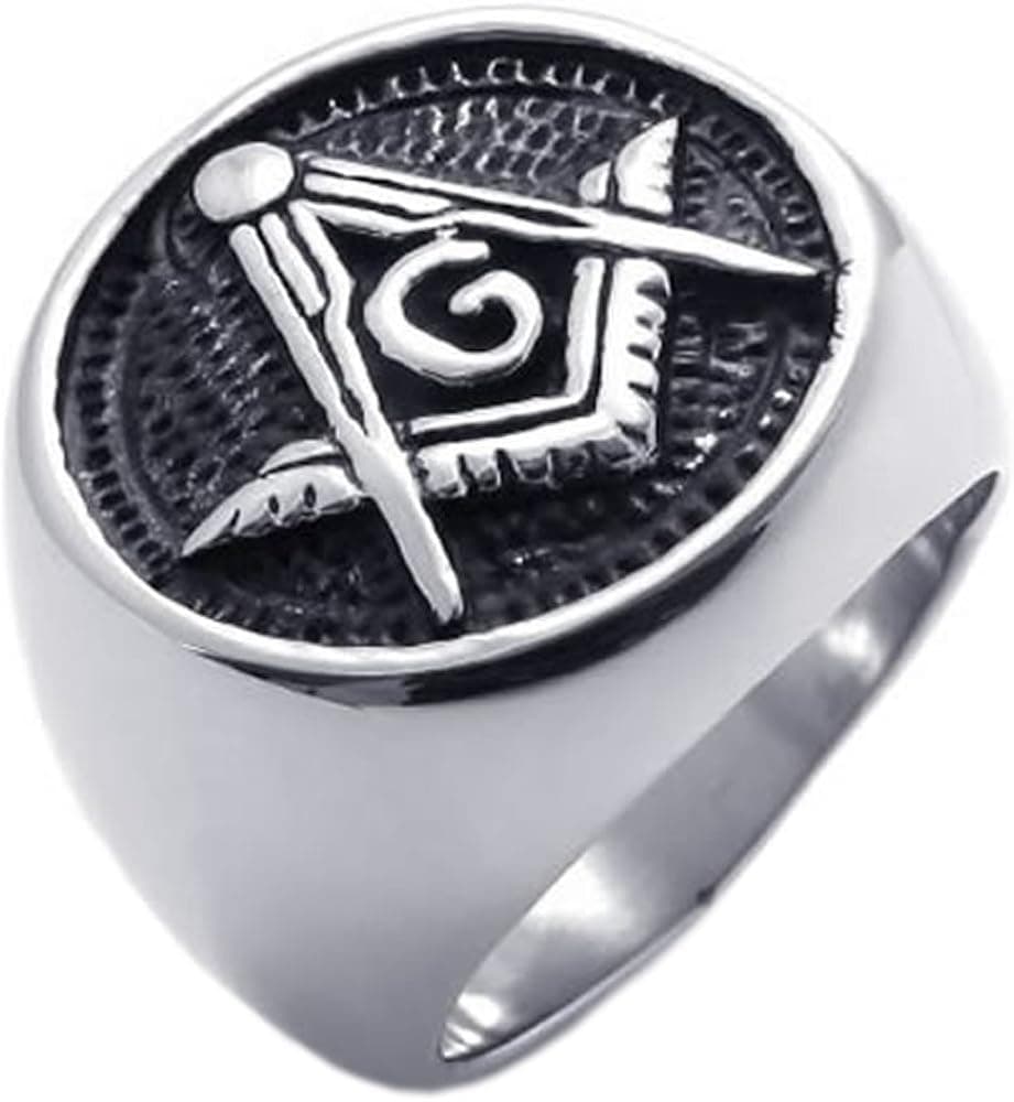 KONOV Embossed Stamped Freemason Masonic Stainless Steel Black Enamel Mens Ring