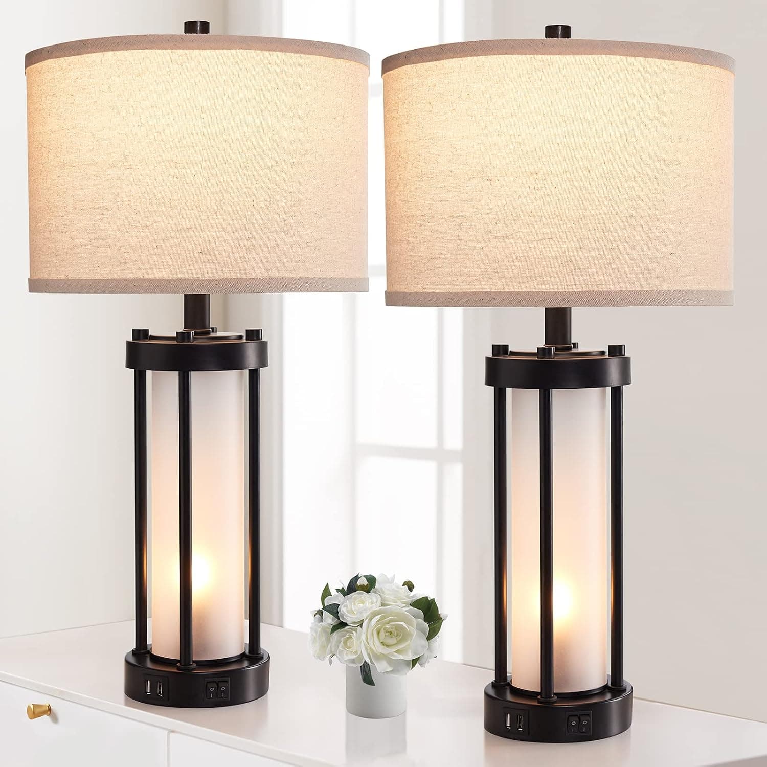 Set of 2 Modern Table Lamps for Living Room with 2 USB Charging Ports, White Frosted Glass Nightlight for Bedroom, Contemporary Desk Lamps for Nightstand End Table Entryway, 4 Bulbs Included (Black)