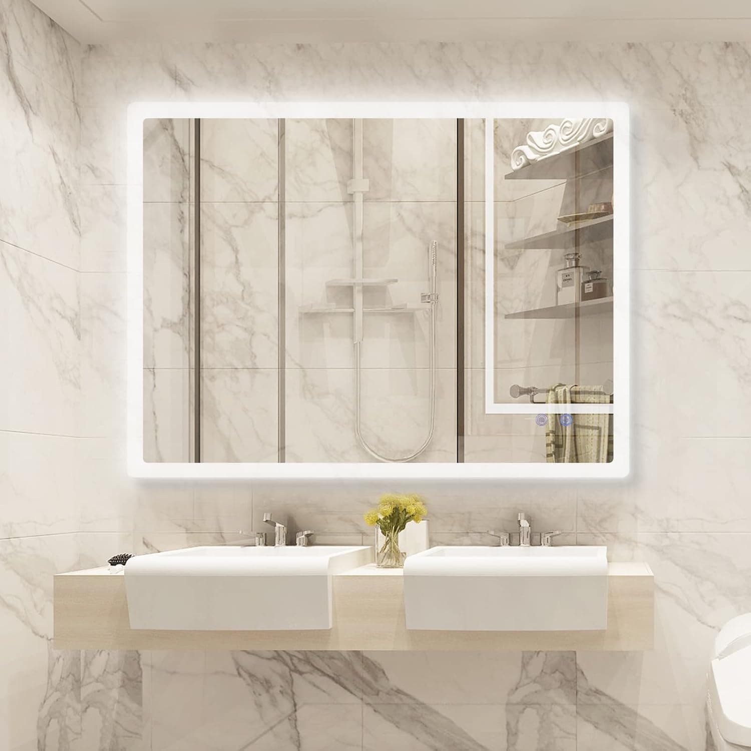 XINSHUO HOME 24x32 Inch LED Bathroom Mirror Backlit Wall Mounted with Lights, Temperature and Time Control, Anti-Fog Makeup Vanity Mirror with Touch Switch Horizontal & Vertical