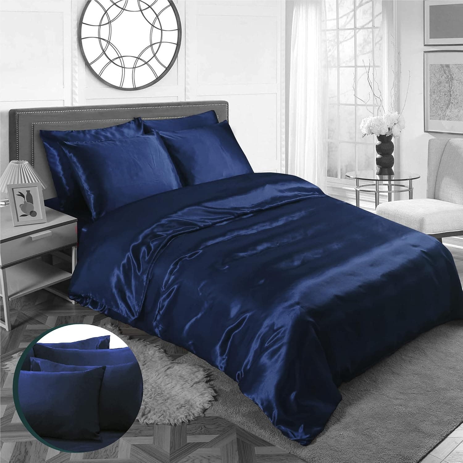 Ahmedani Linen Sexy Satin Sheet 6 Pcs Queen Bedding Set 1 Duvet Cover + 1 Fitted Sheet + 4 Pillow Cases Navy Queen