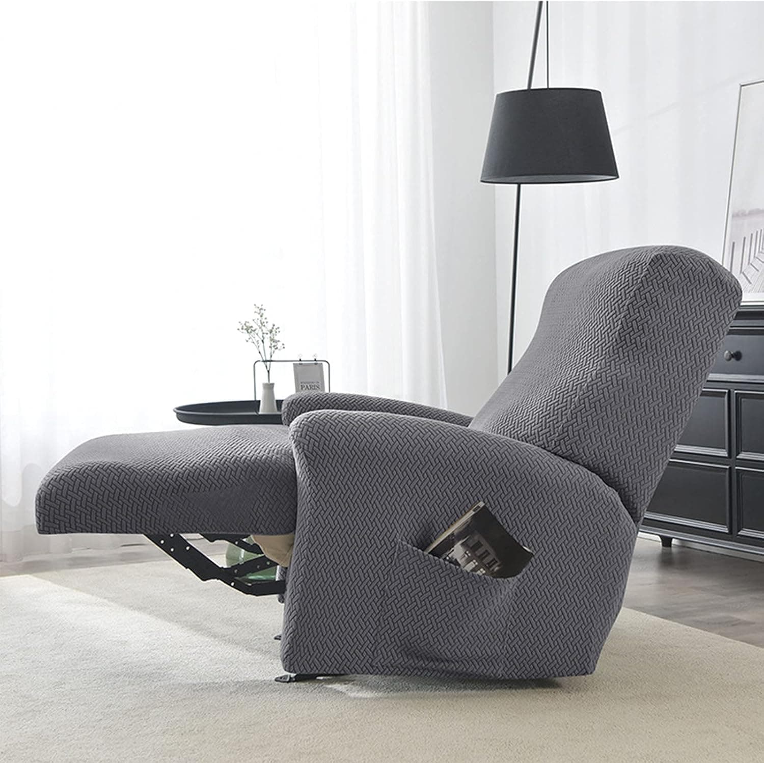 Stretch Recliner Chair Slipcovers, 4-Piece Jacquard 1 Seat Recliner Cover Soft Furniture Protector Thicken Sofa Cover with Pocket Sofa Slipcover for Reclining Armchair Cover