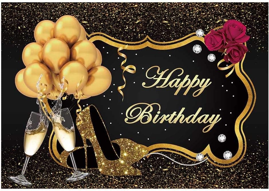Funnytree Happy Birthday Party Backdrop Black Gold Heels Champagne Glass Lady Photography Background Women Glitter Golden Balloons Decorations Cake Table 40th 50th 60th Banner Photo Booth 7x5ft