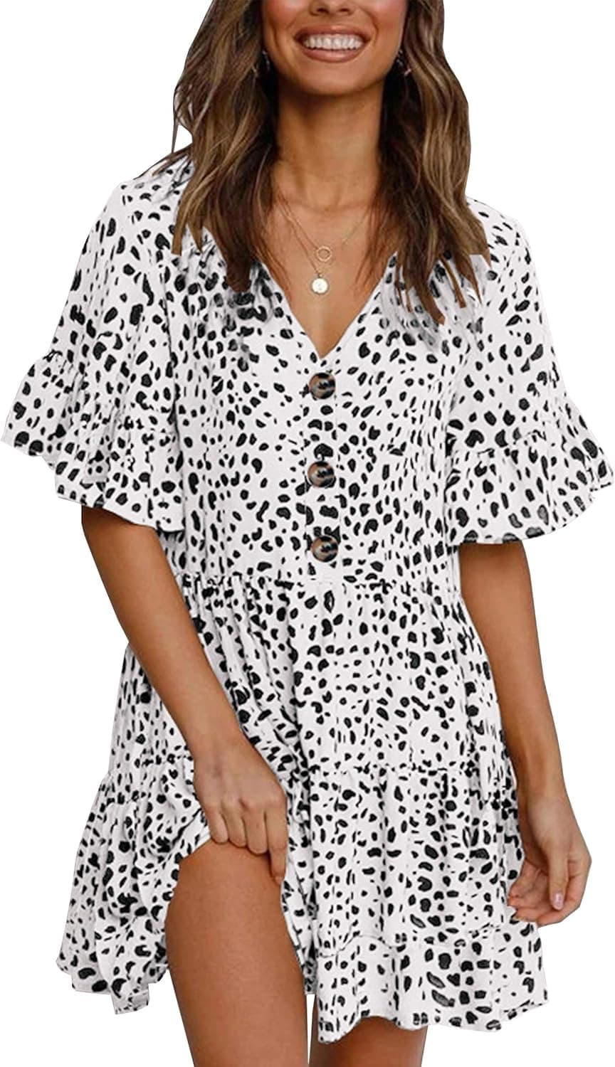 ECOWISH Women's Waffle Knit Casual T-Shirt Dress Short Sleeves Round Neck Tunic Plain Dresses Solid Color