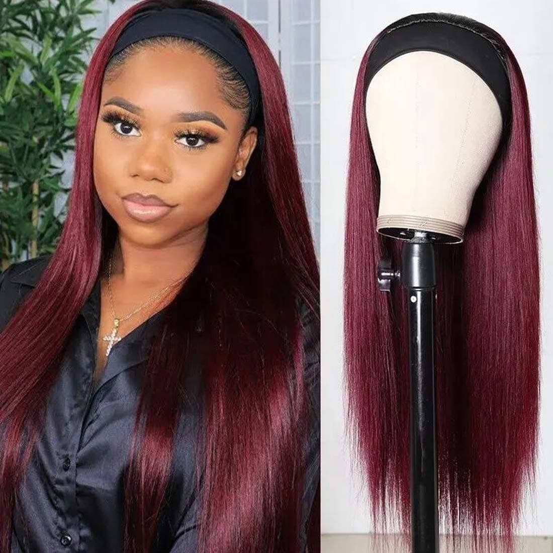 Beauty Forever Headband Human Hair Wig,Ombre 1B99J Silk Straight Glueless Non Lace Front Wig for Women Brazilian Remy Hair Full Machine Wear and Go Wig 150% Density 16inch
