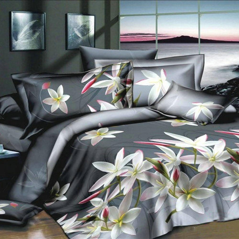 Anself 4pcs 3D Printed Bedding Comforter Set Bedclothes White Lily on Light Black Background Queen/King Size Duvet Cover + Bed Sheet + 2 Pillowcases