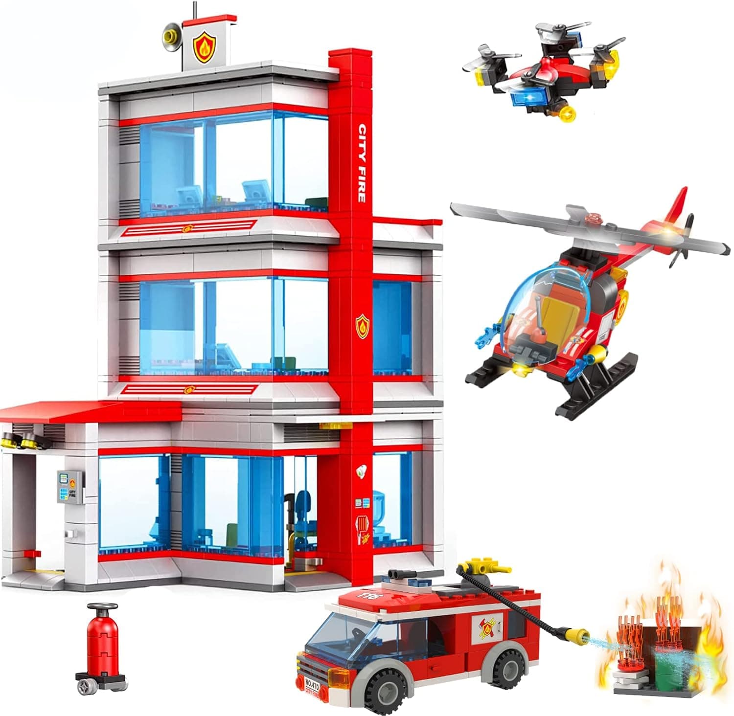 EP EXERCISE N PLAY City Fire Station Building Block,with fire Truck Helicopter fire Sets (739 Pieces)