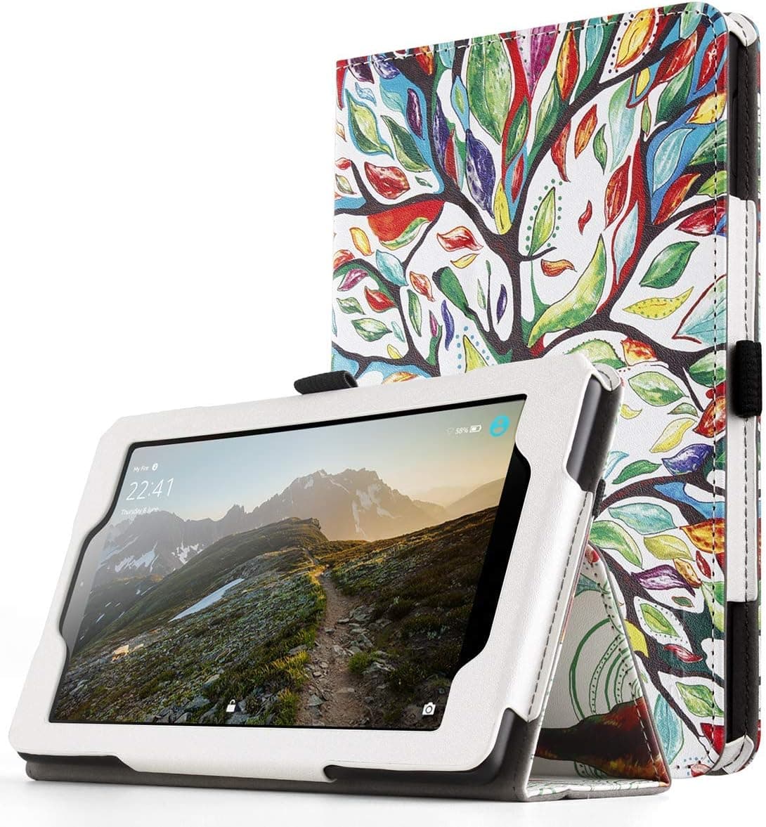Poetic All-New Fire 7 Tablet Case (9th Gen, 2019 Release), Poetic Premium Slim Synthetic Leather Flip Stand Cover, Auto Sleep/Wake, Magnetic Closure, Case for Amazon Fire 7 9th Generation, Love Tree