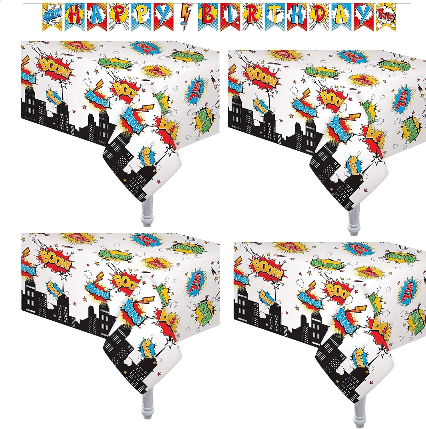 Oojami 4 Pack Superhero Plastic Table Cover 54" x 108" Includes 1 Pre Strung Happy Birthday Super Hero Banner Multi