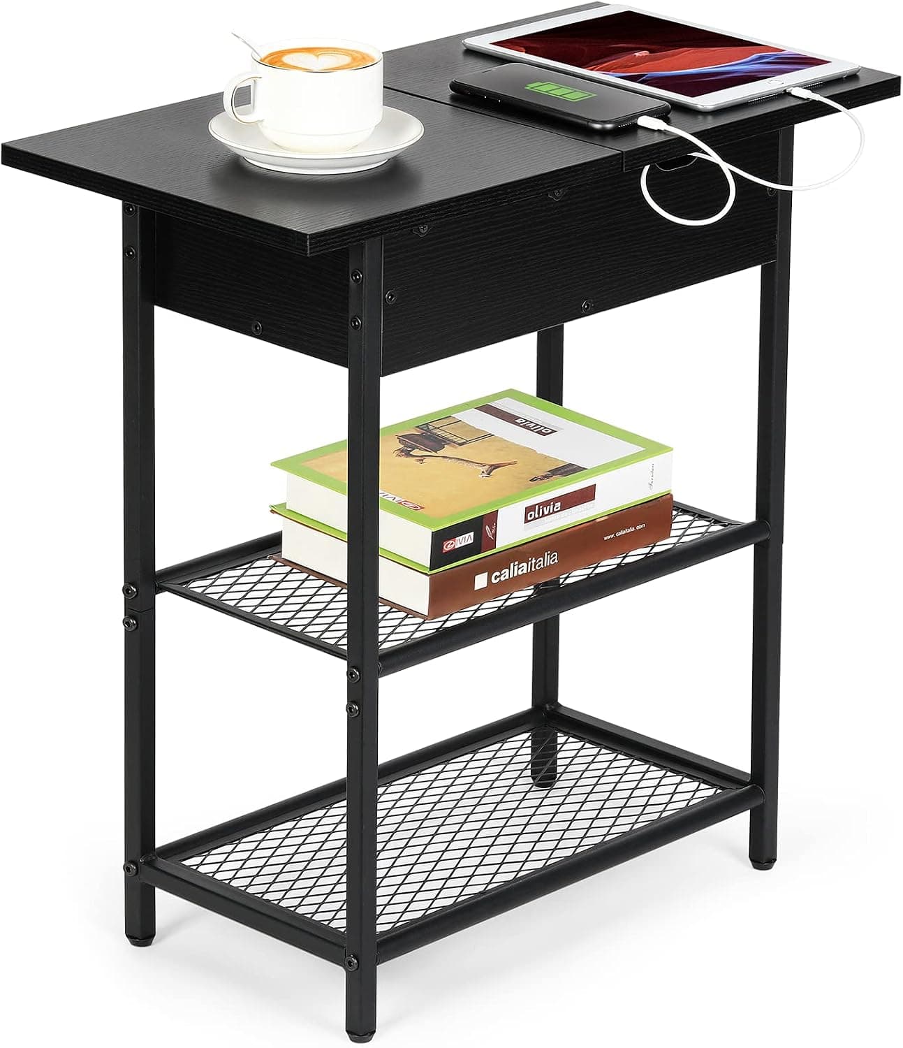RichYa End Table with Charging Station, Narrow Flip Top Side Table with USB Ports and Outlets, Black Sofa Table with Storage Shelves for Small Space, Nightstand for Living Room, Bedroom