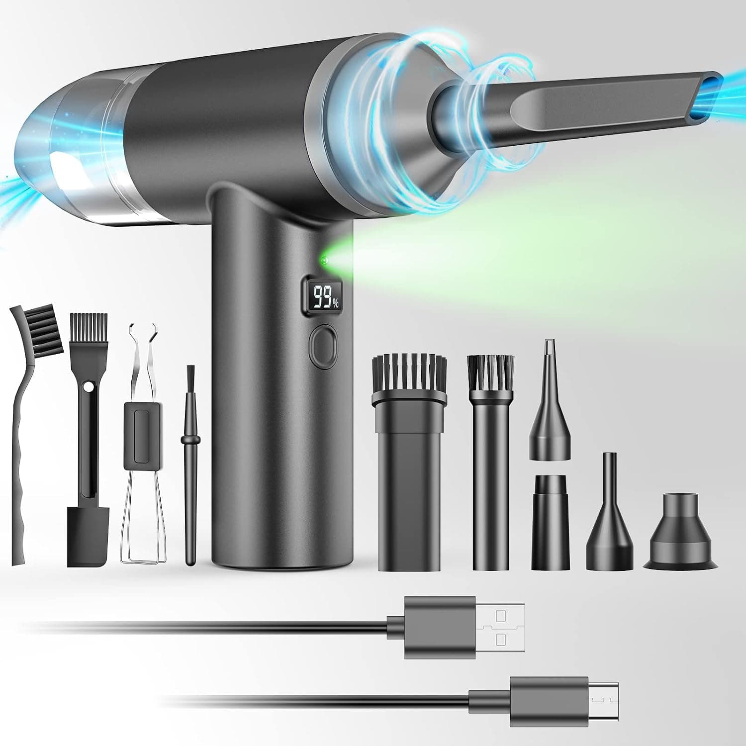 Compressed Air Duster Keyboard Cleaner 90000RPM Electric Air Duster & Vacuum Cleaner Compressed Air Replace Canned Air Rechargeable 6000mAh for Computer Electronic Grey