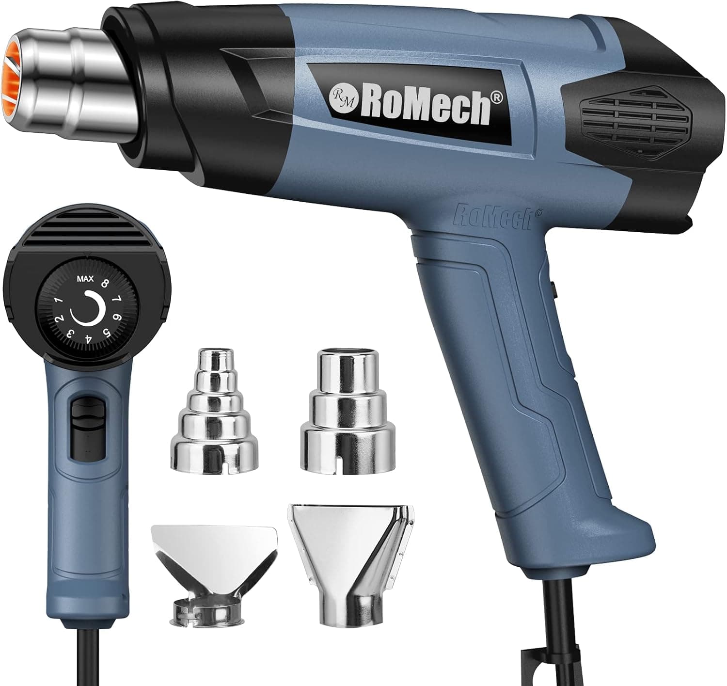 ROMECH Heat Gun 1500W Variable Temperature Control with 2 Air Volume Setting Heavy Duty Hot Air Gun Kit 120°F~1200°F (50°C~650°C) with 4 Nozzles for Crafts Shrink Wrap (Blue)